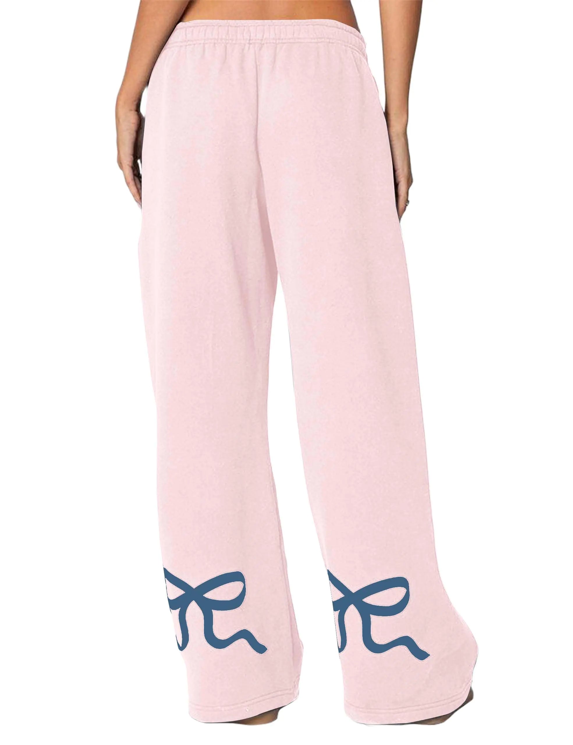Livtany Women’s Straight Leg Graphic Bow Print Sweatpants Wide Leg Elastic Waistband Lounge Pant Lounge Joggers with Pockets Pink